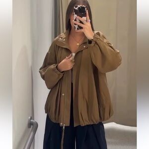 Zara NWT ZW collection tan brown zipper front fluid flowy oversized bombe jacket